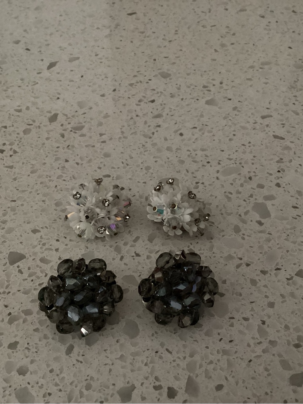 Cluster Floral Crystal clip Earrings - White & Smoky Gray